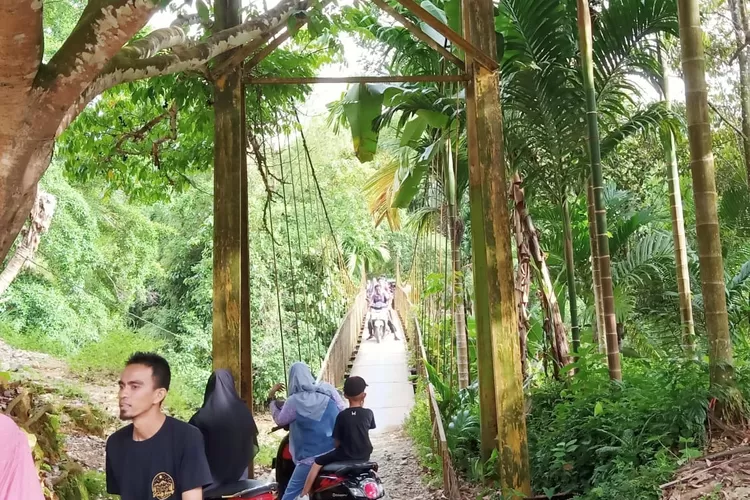 Warga yang ingin mencari buah durian tengah menyebrangi Jembatan Gantung Lhok Batee Intan, Manggeng, Rabu (15/11) (Realitasonline.id/zal)