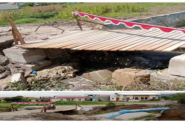 Jembatan darurat yang dibangun melalui gotong royong menyusul anjlok. (Realitasonline.id/Marudut)
