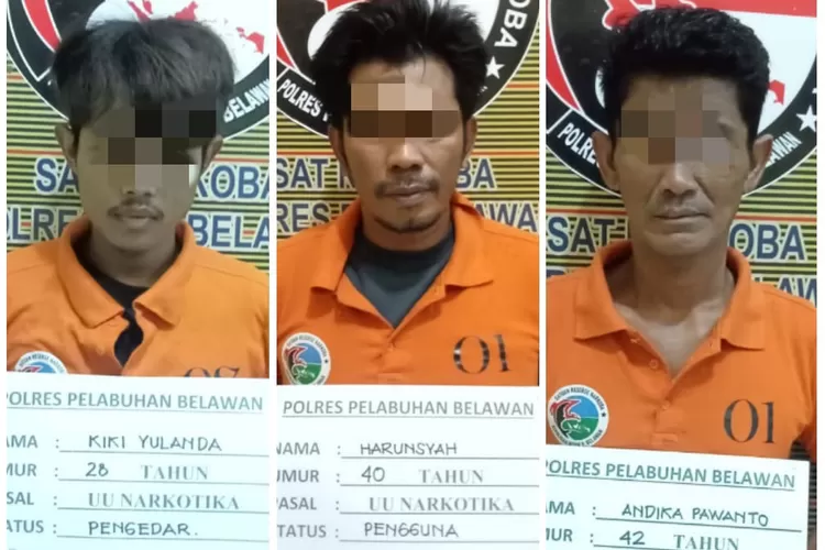 Tiga pria terkait kasus peredaran dan pemakai sabu diamankan di Mapolres Pelabuhan Belawan, setelah diringkus dari kawasan Kelurahan Paya Pasir, Medan Marelan, Kamis (1/2/2024).