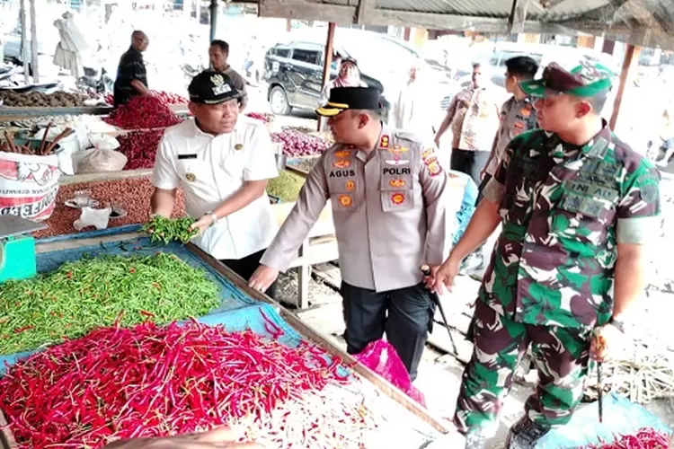 Pj Bupati Abdya, H Darmansah SPd MM (kiri) bersama unsur forum komunikasi pimpinan kabupaten (Forkompimkab) dan instansi terkait Jumat (1/3) melakukan pemantauan secara langsung kondisi harga barang di Pasar Blangpidie (Realitasonline.id/zal)