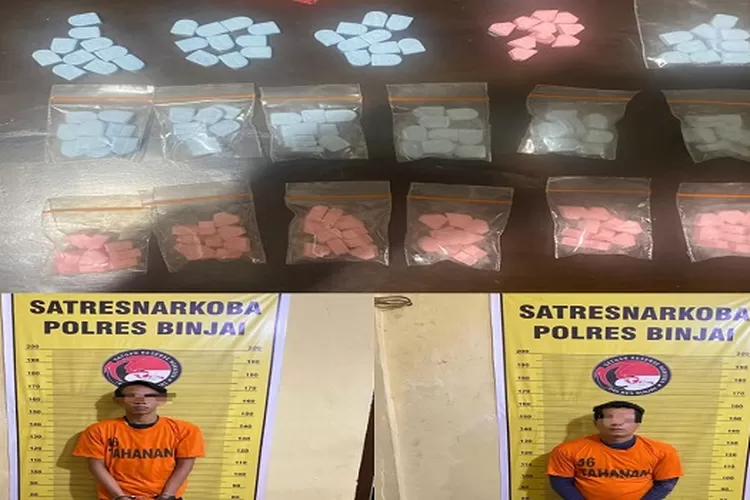 Dua pria diduga pengedar dan barang bukti ekstasi yang diamankan setelah digrebek Sat Narkoba Polres Binjai (Realitasonline.id/AA)
