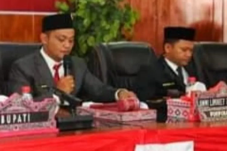 Pimpinan sementara DPRD Taput Jimmi Limhoet Tambunan (PDIP) bersama Dedi Hutabarat (Perindo) saat di meja sidang memimpin paripurna. (Realitasonline.id/ AS)