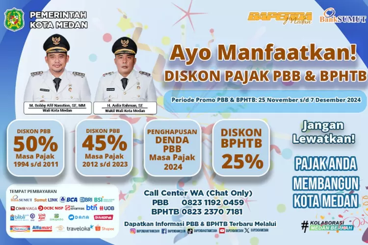 Bapenda Kota Medan gelar Program diskon pajak PBB dan BPHTB mulai 25 November-7 Desember 2024.