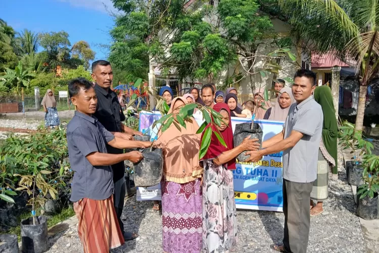 Keuchik Ladang Tuha II, Mukhlis (kanan) membagikan bibit durian jenis Musang King kepada ratusan warga di desa setempat, Kamis (26/12/2024)