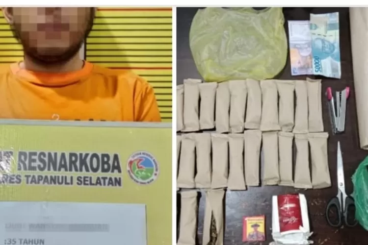 Tersangka JWH, warga Desa Pargumbangan  Angkola Muaratais Tapsel ditangkap polisi kasus narkotika, Rabu (29/1/2025) sekira pukul 18.50 Wib. (Realitasonline.id/ Riswandy)