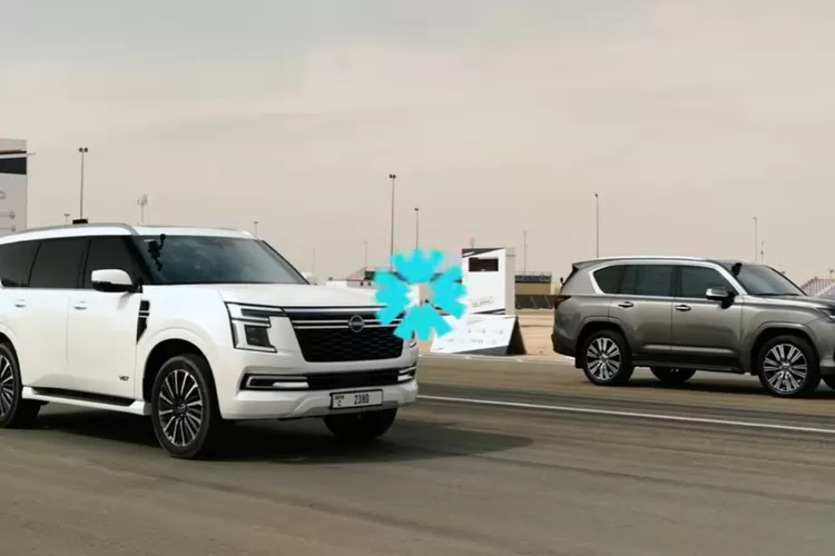 Perbandingan Nissan Patrol terbaru vs Lexus LX terbaru dalam drag race adalah duel antara dua SUV besar yang berbasis sama namun memiliki tuning performa dan karakter berbeda. (Tangkapan Layar YouTube  carwow)