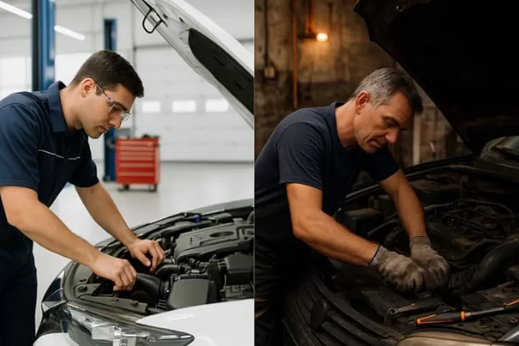 Montir memperbaiki mobil di bengkel resmi vs bengkel umum (Realitasonline - AI chatGPT)