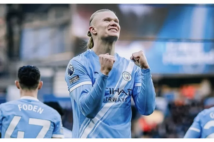 Keterangan Foto : Erling Haland berselebrasi usai mencetak gol kegawang West Ham United (Realitasonline.id / Instagram mancity)