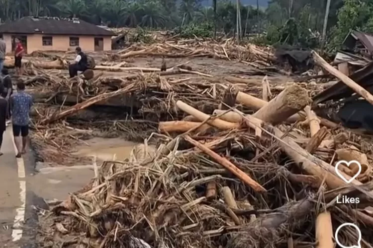 Banjir Sumatera-Aceh membawa harta karun kayu gelondongan yang menghantam pemukiman warga (Instagram @masjidnurulashri)
