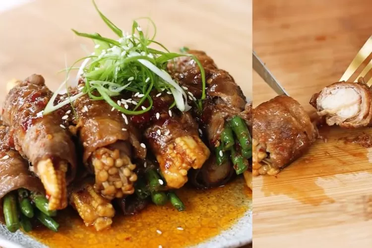 Tangkapan layar resep beef enoki dan vegetables roll dari Devina Hermawan. (youtube.com/@devinahermawan)