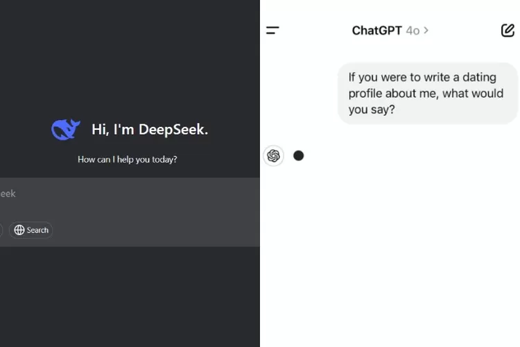 Potret tampilan AI buatan China DeepSeek (kiri) dan AI asal Amerika Serikat ChatGPT (kanan).  (DeepSeek.com - Instagram.com/@chatgpt)