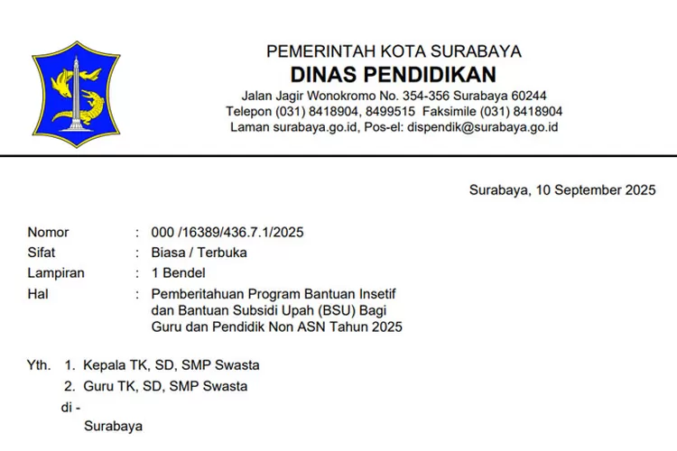 Pemberitahuan Program Bantuan Insetif dan Bantuan Subsidi Upah (BSU) Bagi Guru dan Pendidik Non ASN Tahun 2025 di Surabaya (dispendik.surabaya.go.id)