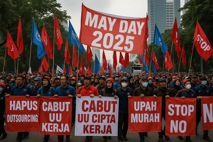May Day 2025. 6 tuntutan upah layak, perlindungan pekerja, hingga pemberantasan korupsi melalui pengesahan RUU perampasan aset.  Baca artikel CNN Indonesia "Di Depan Massa Buruh, Prabowo Janji RUU PPRT Dibahas Minggu Depan" (AI-Generated)