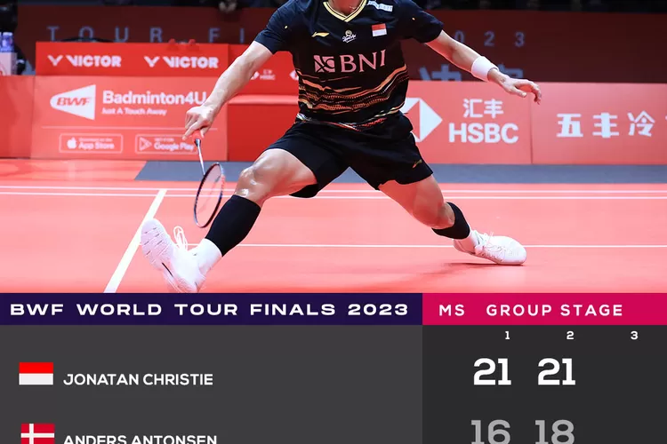 Jonatan Christie berpeluang besar lolos ke semifinal BWF World Tour Finals 2023. Lawan terakhir di penyisihan grup adalah Li Shi Feng, Jumat (15/12/2023). (PBSI)