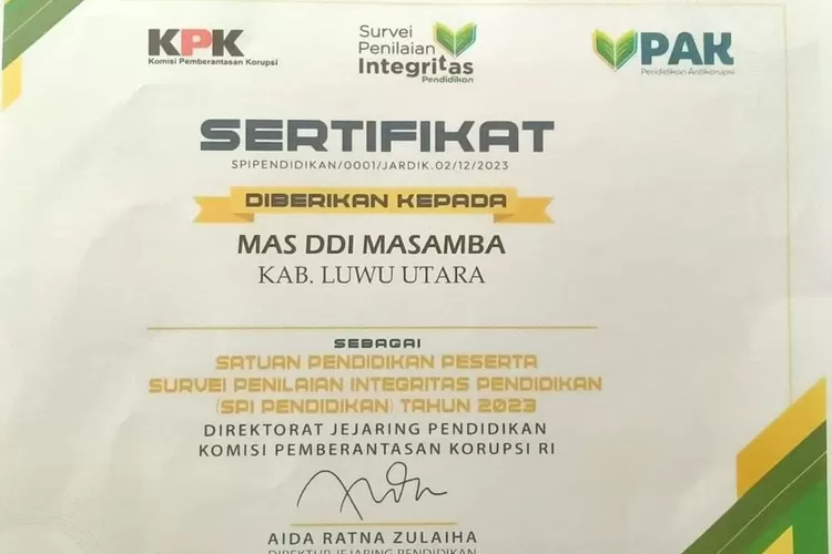 Sertifikat Integritas Pendidikan dari KPK-RI 2023 (klikanggaran)