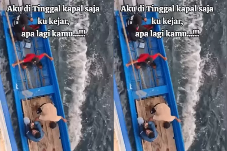 Tangkapan layar video viral seorang pria yang diduga ketinggalan kapal lalu mengejar pakai sampan. ((Instagram.com/@perspekshit))