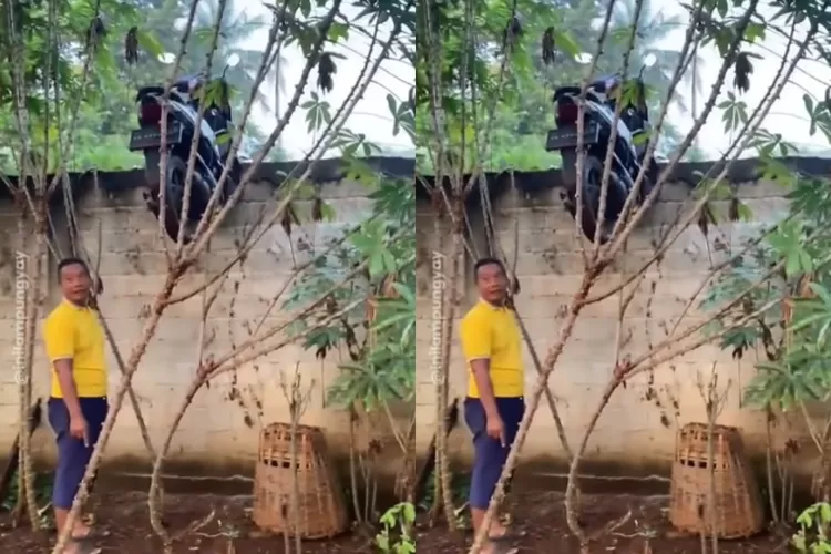 Tangkapan layar video viral terkait motor yang ditemukan tersangkut di atas pagar beton rumah warga Lampung ( (Instagram.com/@inilampungyay))
