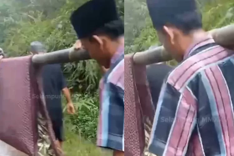 Tangkapan layar saat warga terpaksa membawa pasien dengan alat seadanya ditambah akses jalan yang rusak ((Instagram/selampung).)