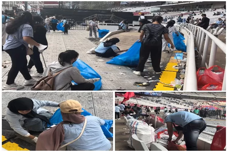 Sejumlah pendukung paslon Prabowo Subianto dan Gibran Rakabuming Raka sigap berinisiatif membersihkan sampah usai kampanye akbar 