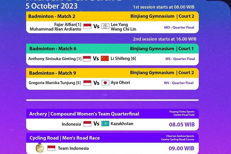 Jadwal Asian Games 2023 Pada 5 Oktober: Indonesia Bertanding di 11 Cabang Olahraga (Ig @badmintantalk)