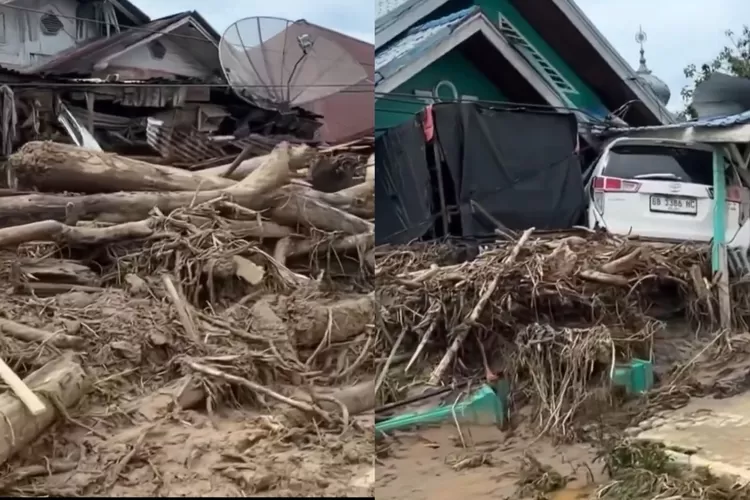 Tumpukan gelondongan kayu pasca banjir bandang yang menerjang wilayah Sumatera. (Foto: X/@ranggavega)