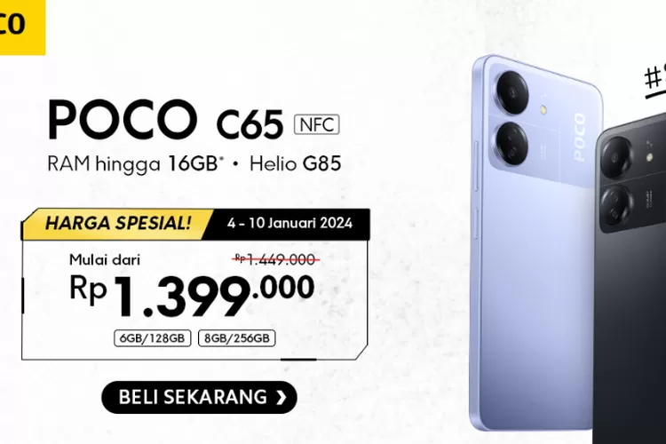Poco merilis Poco C65, ponsel entry level terbaru dengan harga mulai dari Rp 1 jutaan. Meskipun terjangkau, ponsel ini menawarkan performa game yang mumpuni, didukung oleh Helio G85 dan RAM hingga 16 GB. 