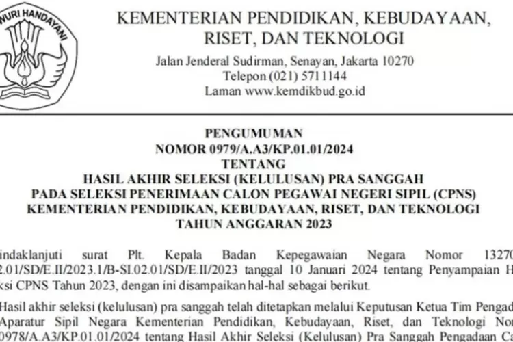 Link Pengumuman Hasil Akhir CPNS Kemendikbud 2023, File PDF Lengkap