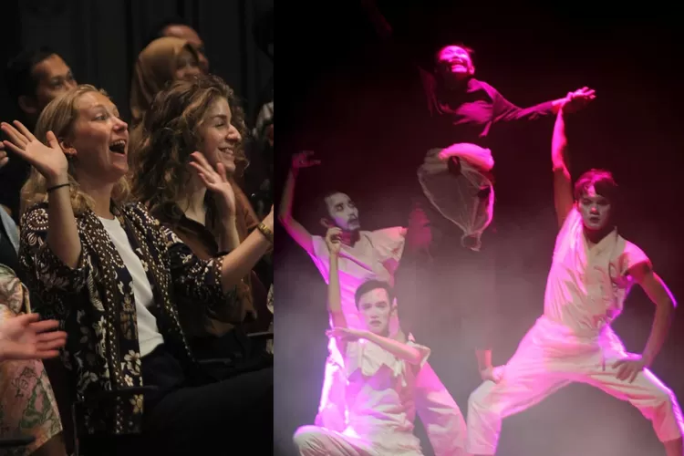 Bule-bule terpukau menyaksikan aksi panggung Jempling Mime Studio di Kedubes Belanda.