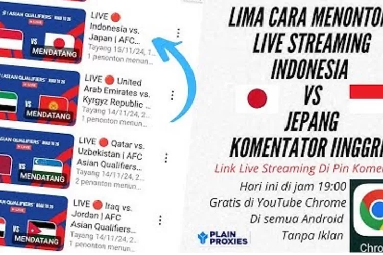 Streaming Indonesia vs Jepang via YouTube AFC. (Foto/YouTube.)
