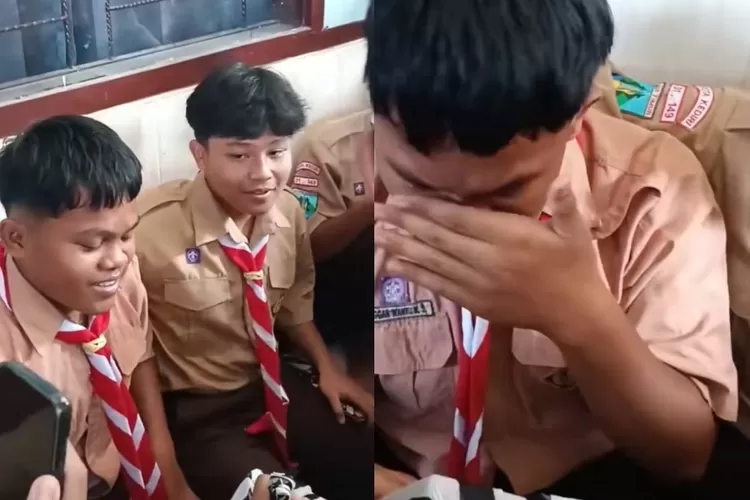 Foto - Tangis haru saat siswa menerima sepatu baru hasil iuran teman sekelas. (Foto/Tiktok - telo2ewunan)