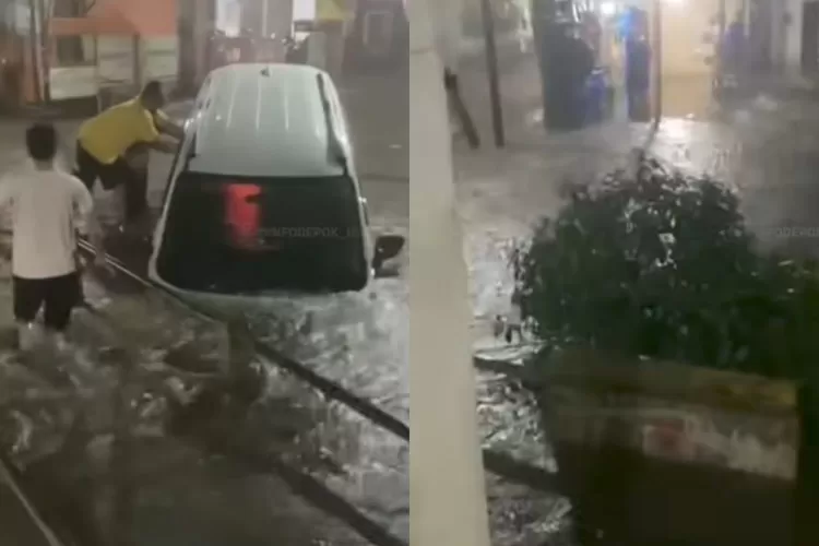 Foto - Sebuah mobil mengalami insiden terperosok ke aliran kali di kawasan Bukit Cengkeh 2, Tugu, Kecamatan Cimanggis (Foto/Instagram - Infodepok_id)