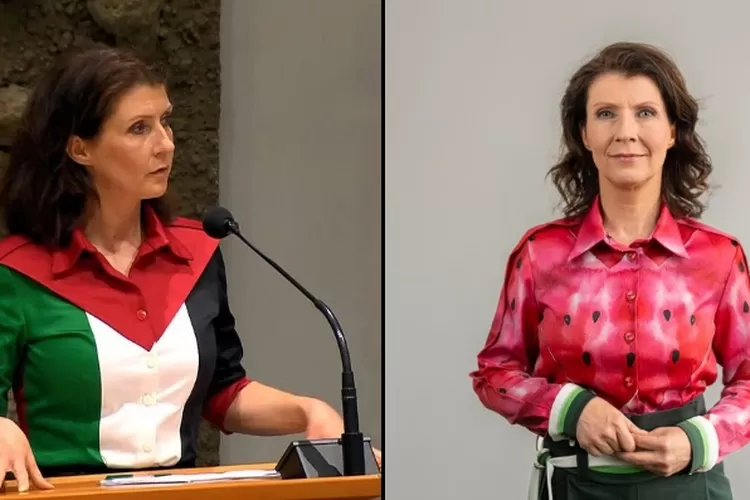 Esther Ouwehand kembali ke ruang sidang parlemen Belanda dengan mengenakan blus bermotif semangka sebagai simbol solidaritas Palestina. (Foto/X - gagahaberyeni)