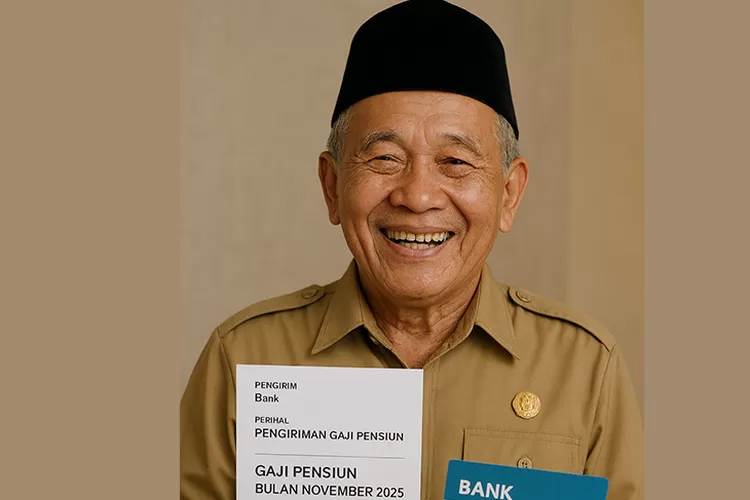 Pensiunan ASN tersenyum usai menerima gaji pensiun bulan November 2025 melalui rekening bank. Foto: AI (Sewaktu.com)