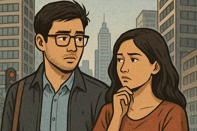 Ilustrasi pasangan muda di kota besar mencerminkan tren generasi yang menunda pernikahan di tengah tantangan ekonomi dan karier. Foto: AI (Sewaktu.com)