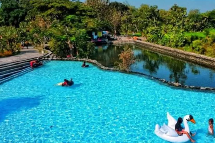 Pesona alami Umbul Siblarak Klaten air jernih, sawah hijau, dan latar Gunung Merapi yang memukau. Foto: Istimewa.