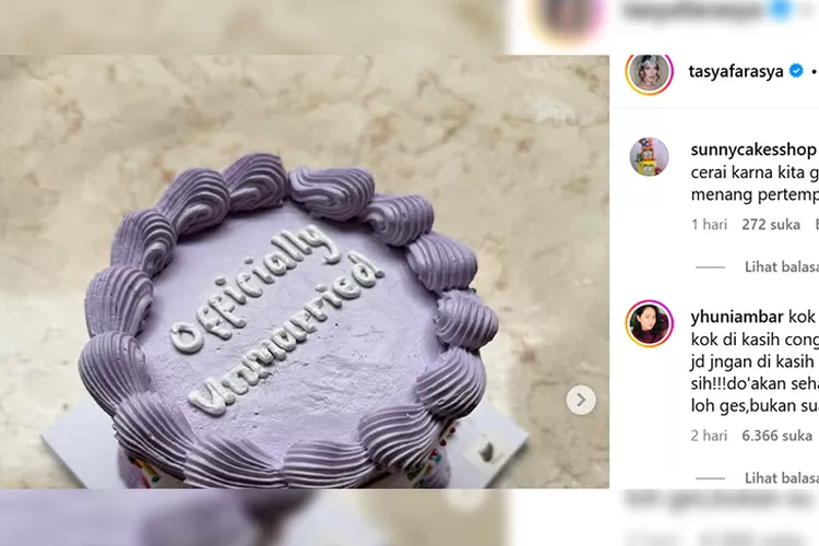 Tasya Farasya membagikan kue &ldquo;Officially Unmarried&rdquo; sebagai simbol babak baru usai resmi bercerai. Foto: Instagram/@tasyafarasya