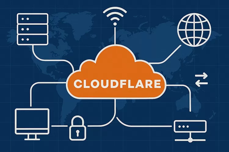 Ilustrasi infrastruktur internet global yang terhubung melalui jaringan Cloudflare. Foto: AI.