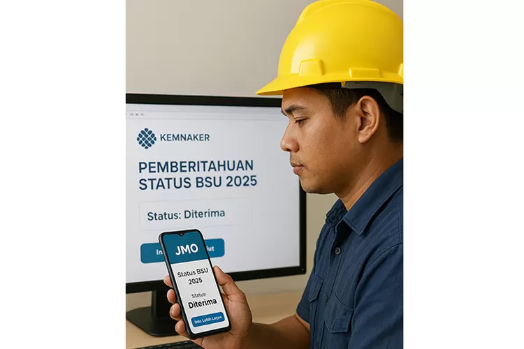 Ilustrasi Pekerja mengecek status BSU 2025 melalui aplikasi JMO dan situs Kemnaker. Foto: AI.