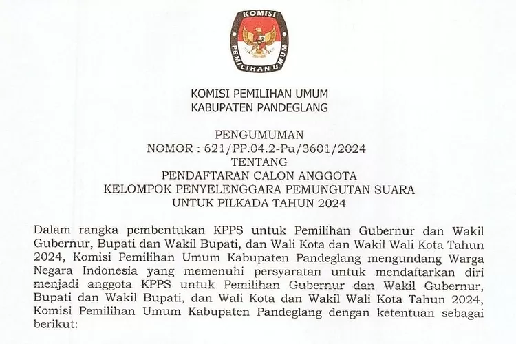 KPU Pandeglang Buka Pendaftaran Calon Anggota KPPS untuk Pilkada Tahun 2024, Ini Persyaratannya