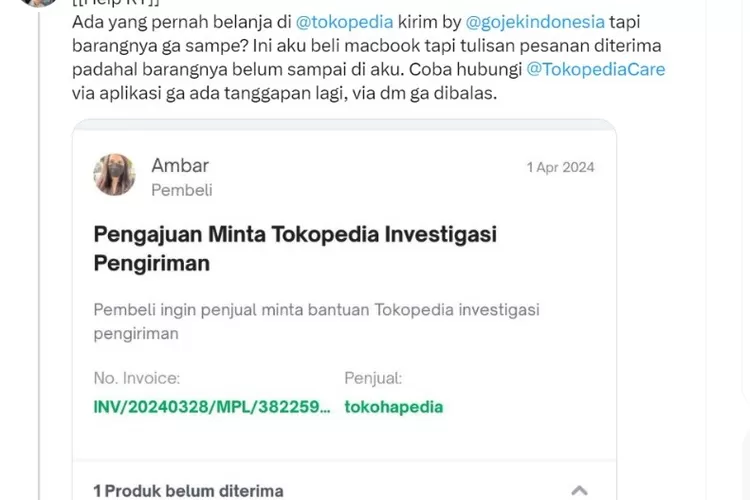 Ambar komplain ke Tokopedia dan Gojek soal pesan yang belum sampai tapi sudah ada tanda diterima. (Twitter/@ambar_AWP)