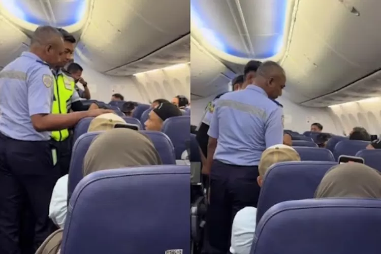 Tangkapan layar video viral saat para petugas menghampiri penumpang yang diduga berteriak soal ancaman bom di pesawat. (TikTok/boeangsaoet)