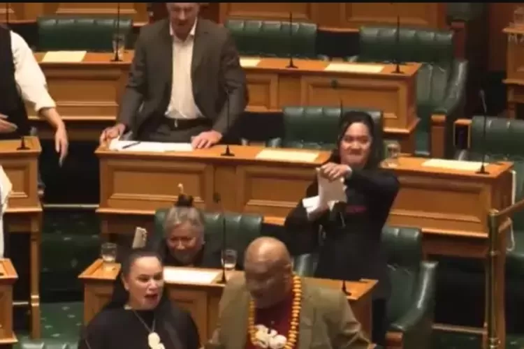 Hana-Rawhiti Kareariki Maipi-Clarke saat membawakan Haka di tengah sidang parlemen Selandia Baru   