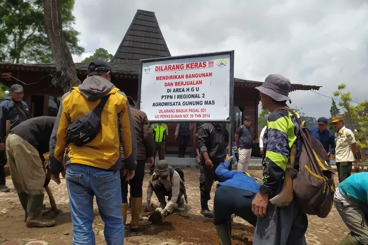 PTPN 1 Regional 2 1 Regional 2 memasang enam plang larangan mendirikan bangunan di wilayah Desa Citeko, Kecamatan Cisarua, Kabupaten Bogor. (Deni Husaen)