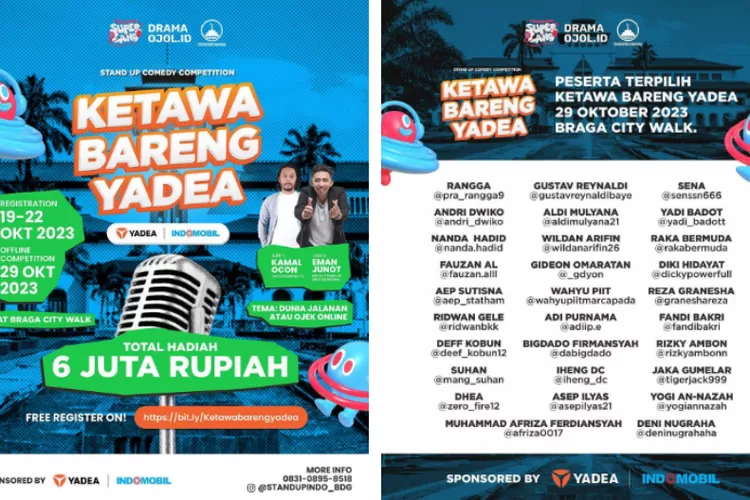 Braga City Walk Bandung siap bikin gelak tawa pada 29 Oktober dengan Ketawa Bareng Yadea kompetisi stand-up comedy di Fandom Super Land. (Dok. Fandom Super Land)