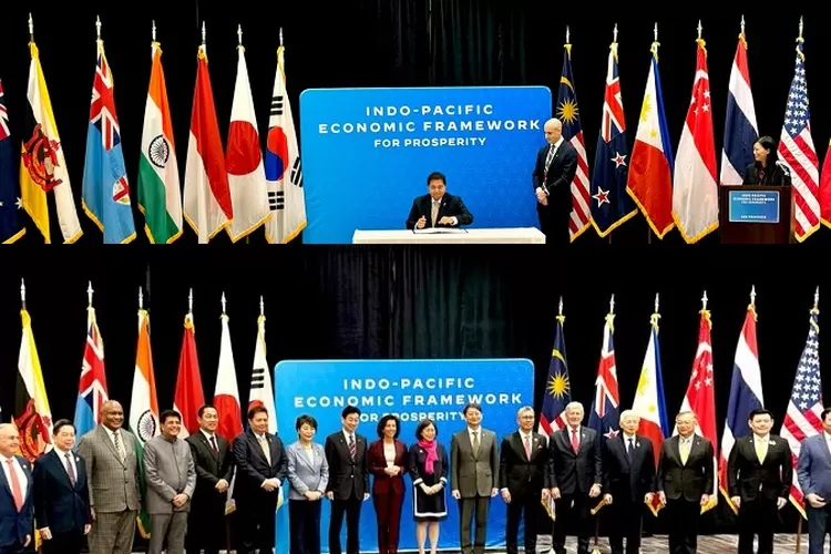 Menteri Koordinator Bidang Perekonomian Airlangga Hartarto menandatangani Perjanjian Rantai Pasok pertama di dunia pada IPEF-MM Ketiga di San Francisco, Amerika Serikat, Selasa (14/11/2023) (ekon.go.id)
