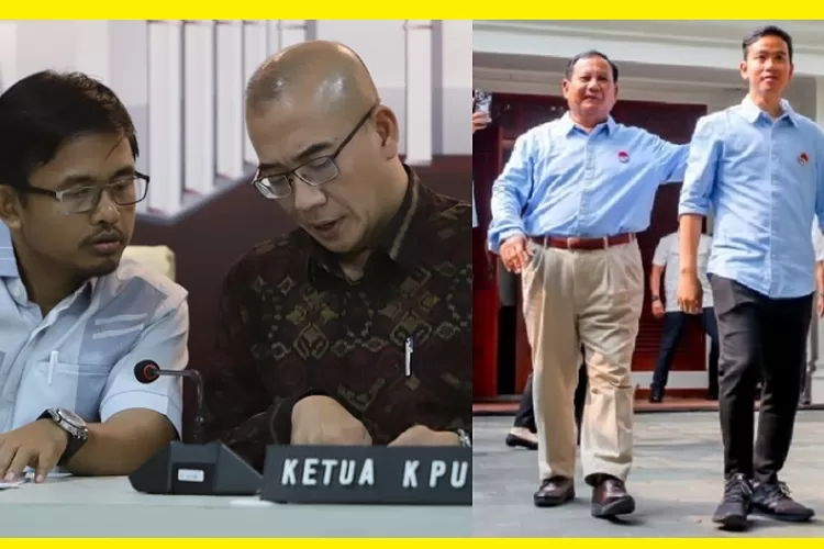 Anggota KPU Idham Holik (kiri) dan Ketua KPU Hasyim Asy'ari amankan Capres Prabowo Subianto dan Cawapres Gibran Rakabuming Raka bisa tampil bersama saat Debat (Ist)