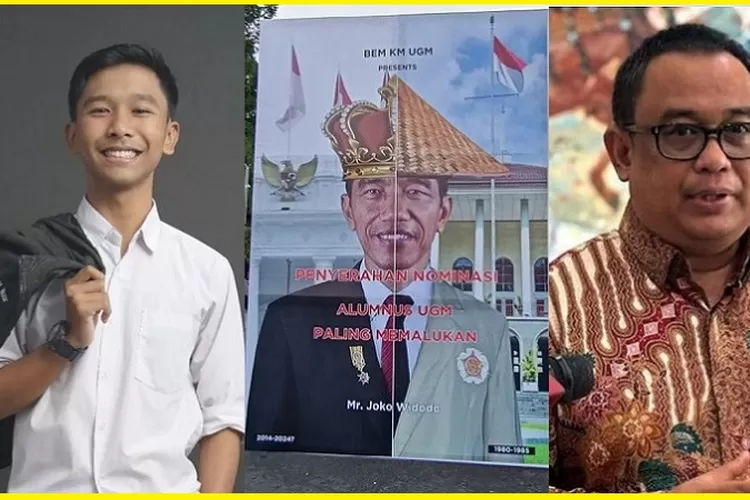 Ketua  BEM UGM Gielbran Muhammad Noor, baleho penobatan Jokowi Alumnus UGM Paling Memalukan dan Koordinator Staf Khusus Presiden Ari Dwipayana (Ist)