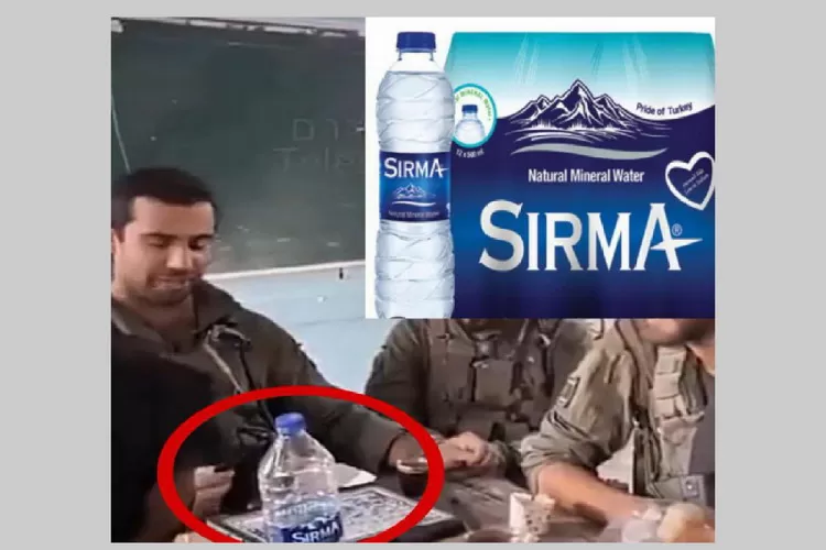 Air mineral merek Sirma produksi Danone yang terafiliasi dengan Israel. Foto memperlihatkan tentara Israel  duduk mengelilingi meja di barak militer. Di meja itu terdapat botol Air mineral merek Sirma. Foto: Istimewa