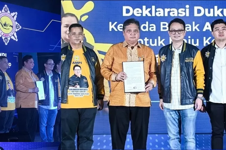 Ketua Umum Partai Golkar Airlangga Hartarto menerima surat dukungan dari Ketua Umum AMPI Jerry Sambuaga (dua kiri)sebagai Ketua Umum Partai Golkar periode ketiga 2024-2029 di Jakarta, Selasa (16/4/2024).  (Ist)