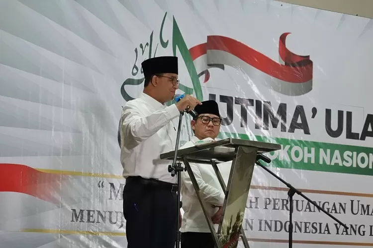 Anies Baswedan dan Muhaimin Iskandar saat memaparkan visi misi di Ijtima Ulama dan Tokoh Nasional 2023. (ikbal muqorobin harianterbit.com)